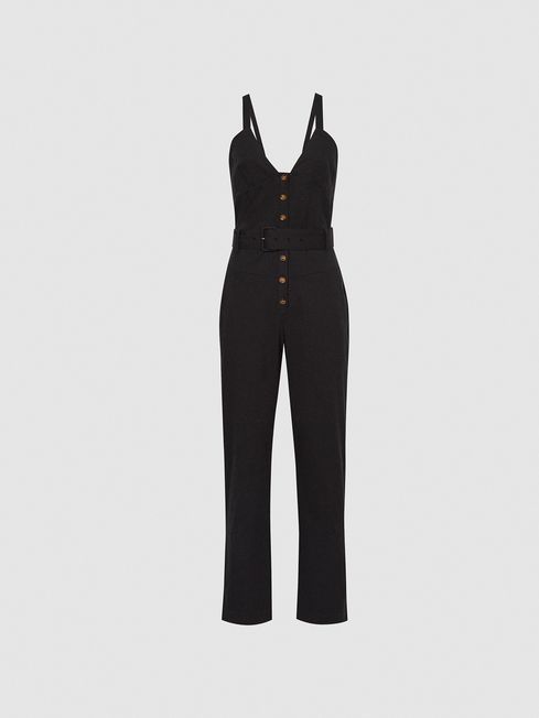 Reiss Black Sola Button Through Jumpsuit Reiss France