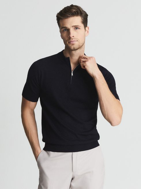 Reiss Navy Moswell Half Zip Knitted Wool Top