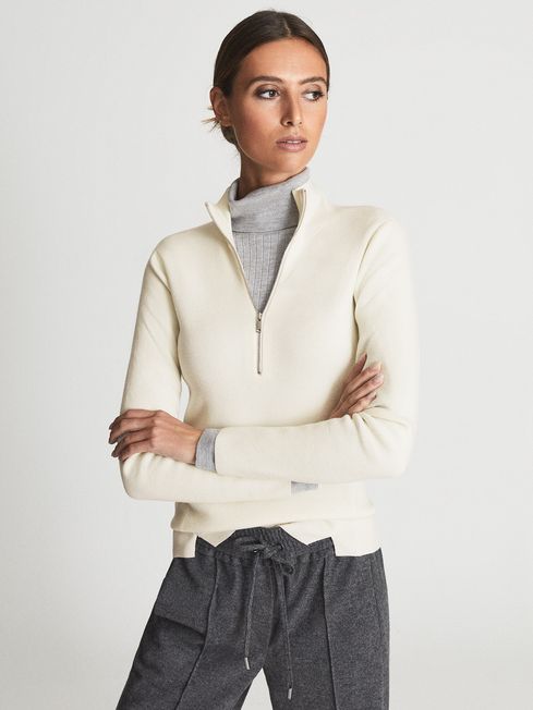 Reiss Cream Leah Rib Knitted Zip Up 