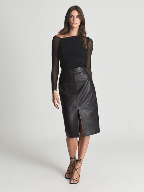 Reiss Black Lucie Leather Pencil Skirt