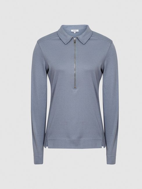 Reiss Blue Fernanda Zip Neck Polo Shirt 