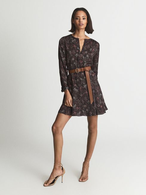 Reiss Black Print Billie Floral Printed Mini Dress | REISS Australia