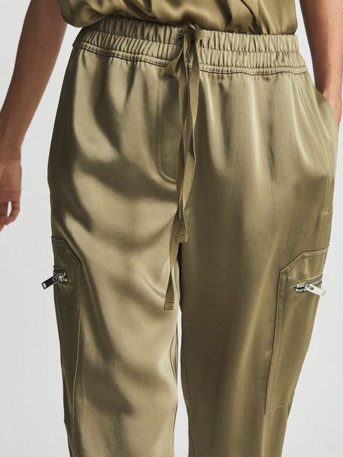 Reiss Khaki Tyler Satin Joggers | REISS 