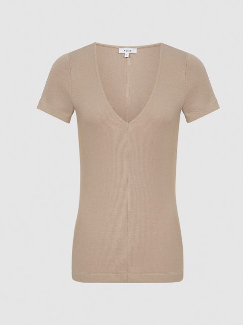 Reiss Camel Maggie Ribbed V-neck T 