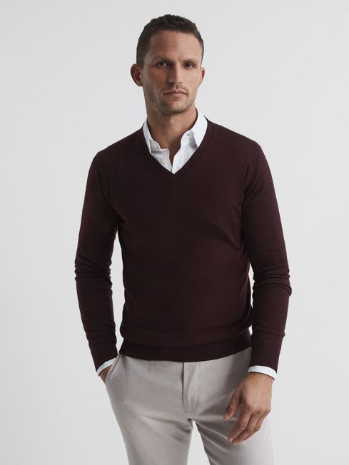 Reiss Bordeaux Earl Merino V-Neck 