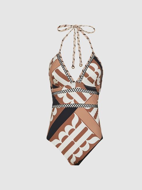 Reiss Brown Gia Printed Swimsuit With Lattice Detail