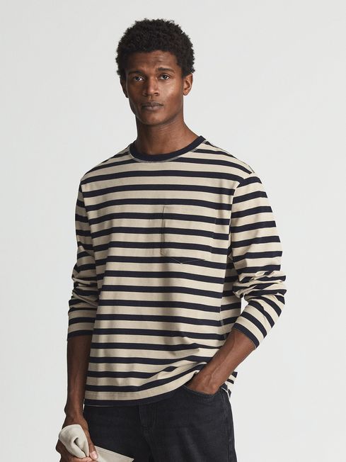 Reiss Navy/Stone Perry Striped Long Sleeve T-Shirt