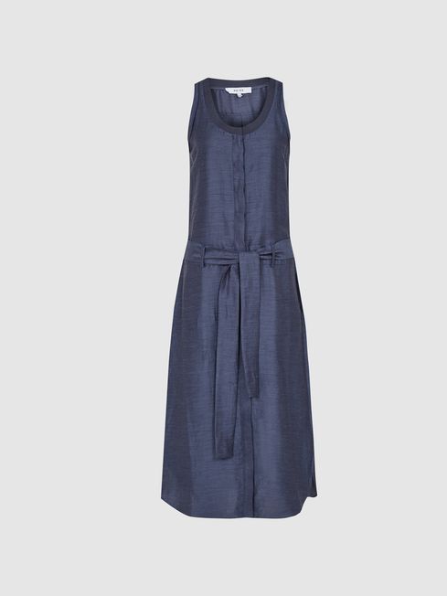 Reiss Navy Keeley Linen Blend Midi Dress