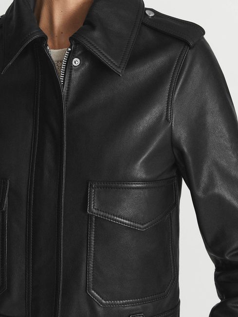 Reiss Black Kaja Leather Trucker Jacket 