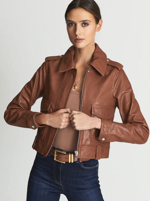 Reiss Tan Kaja Leather Trucker Jacket 