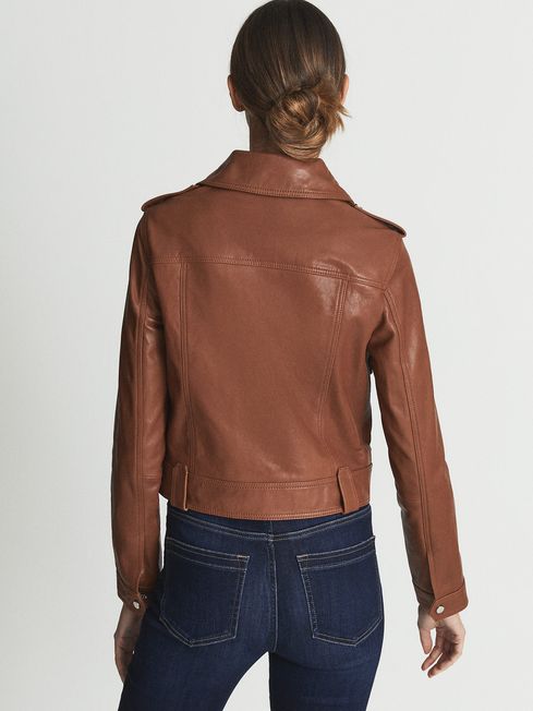 Reiss Tan Kaja Leather Trucker Jacket 