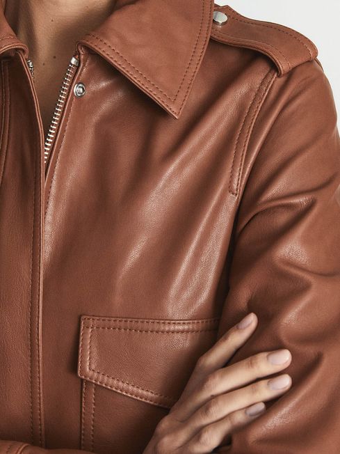 Reiss Tan Kaja Leather Trucker Jacket 