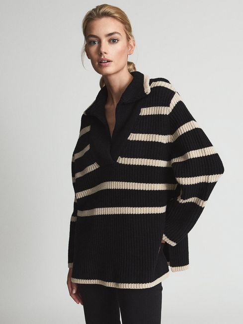 Reiss Black Harper Striped Knitted V 