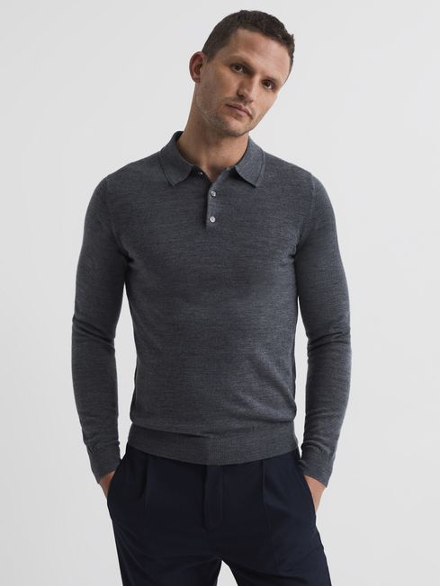 Reiss Mid Grey Melang Trafford Merino Wool Polo Shirt