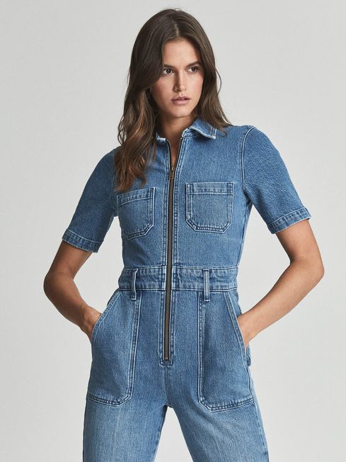 Reiss Blue Danie Petite Denim Jumpsuit 