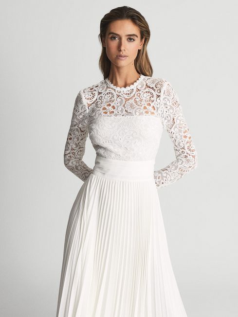 Reiss White Hazel Lace Top Pleated Dress | REISS USA