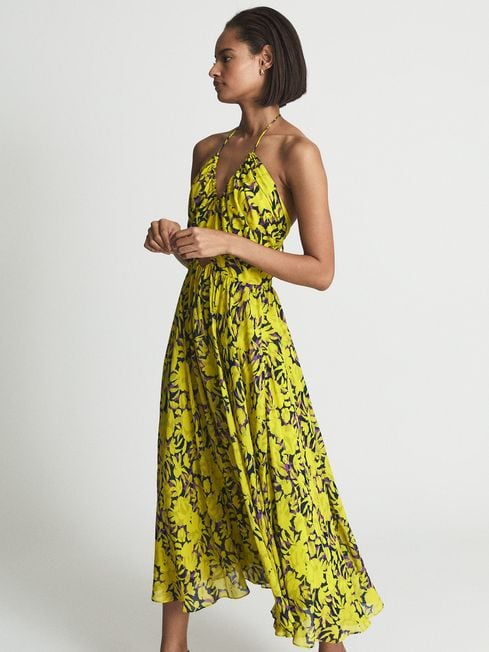 Reiss Yellow Tessa Lime Print Midi Dress
