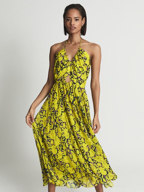 Reiss Yellow Tessa Lime Print Midi Dress - REISS