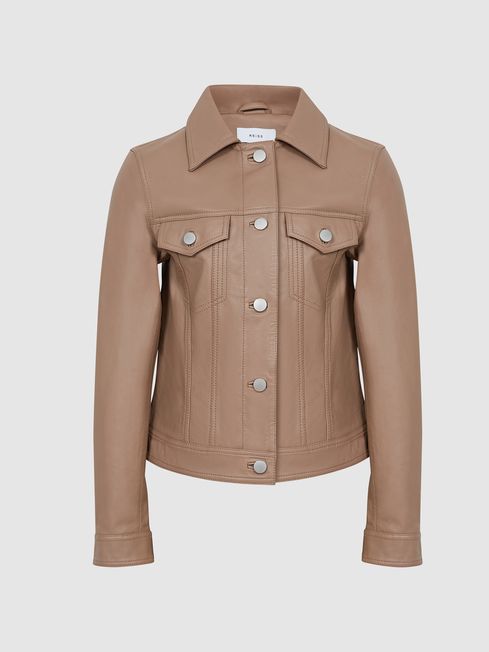Reiss Rose Perla Leather Trucker Jacket 