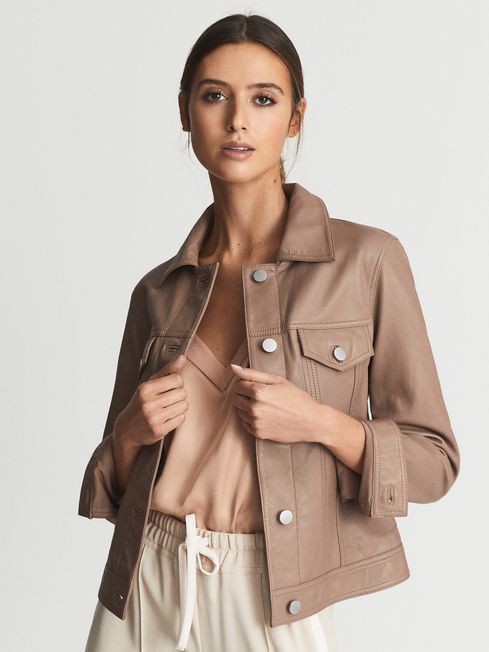 Reiss Rose Perla Leather Trucker Jacket 