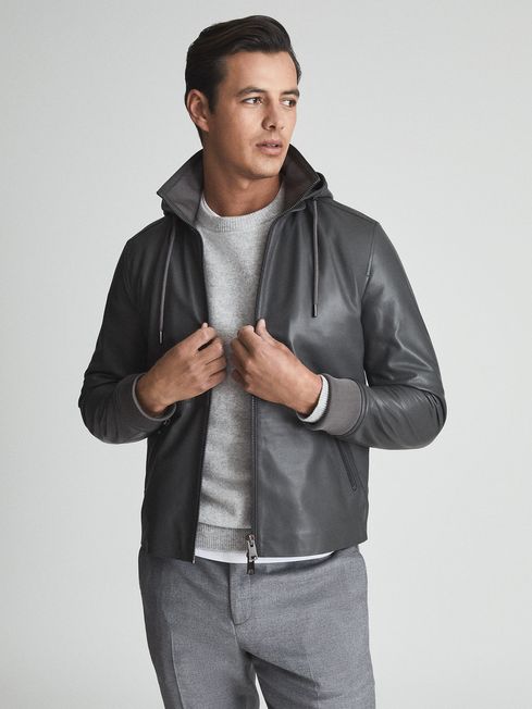Reiss Charcoal Harvey Leather Zip Through Hooded Jacket