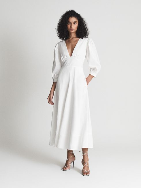 Reiss White Christie Puff Sleeve Plunge Midi Dress