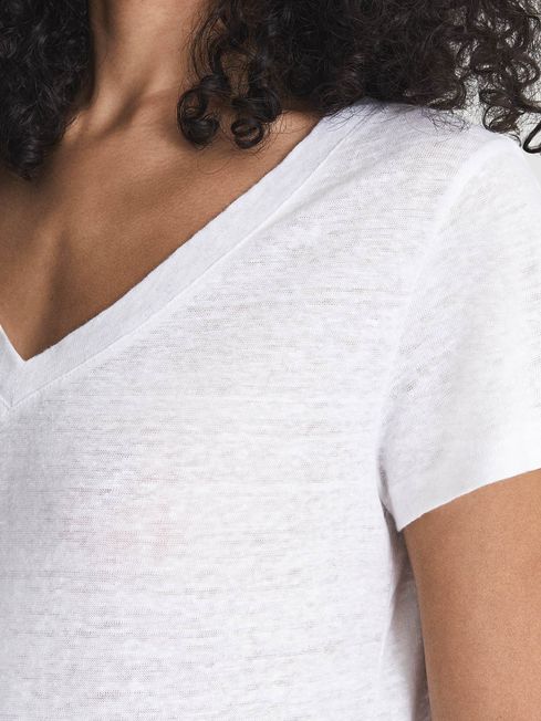 Reiss White Lottie Linen V-Neck T-Shirt 