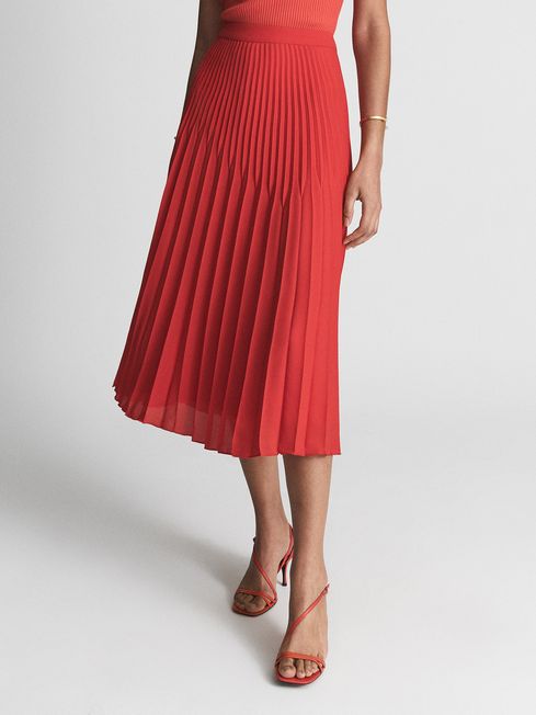 Reiss Red Izzie Pleated Midi Skirt - REISS
