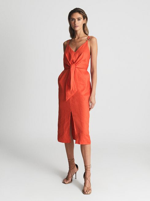Reiss Orange Kay Tie Detail Linen Midi Dress