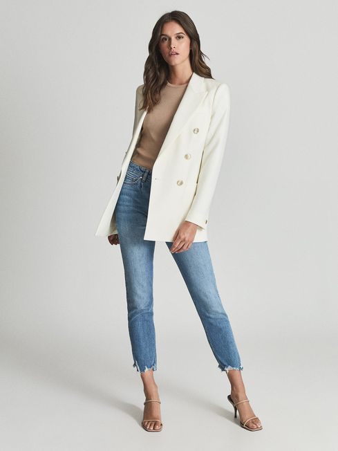 Reiss Mid Blue Sarah Exposed Button Straight Leg Jeans
