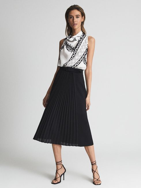 Reiss Black Drew Contrast Pleat Midi Skirt