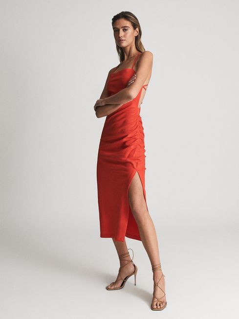 Reiss Red Khalia Stretch Linen Bodycon Midi Dress