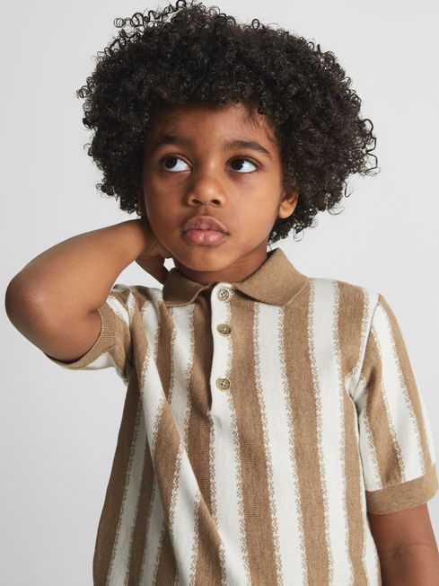 Reiss Ecru/Camel Morocco Junior Open Collar Stripe Polo Shirt