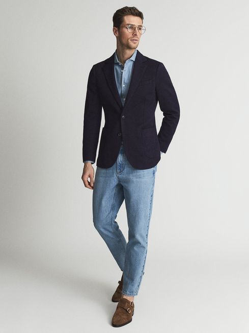 Reiss Navy Supple Single Breasted Knitted Textured Blazer