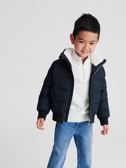 Reiss Navy Frost Junior Faux Fur Trim Puffer Jacket
