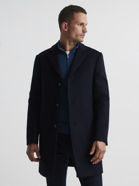 Reiss Navy Gable Single Breasted Wool Overcoat