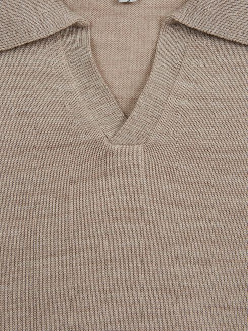Reiss Wheat Melange Duchie Junior Merino Wool Open Collar Polo Shirt