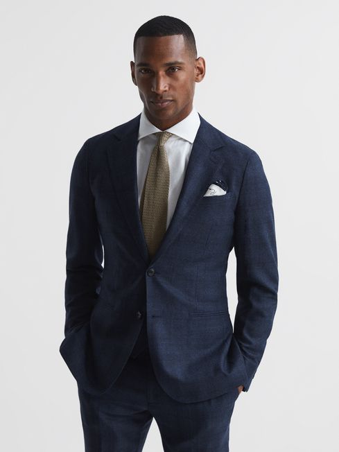 Reiss Navy Ancroft Single Breasted Prince Of Wales Check Blazer