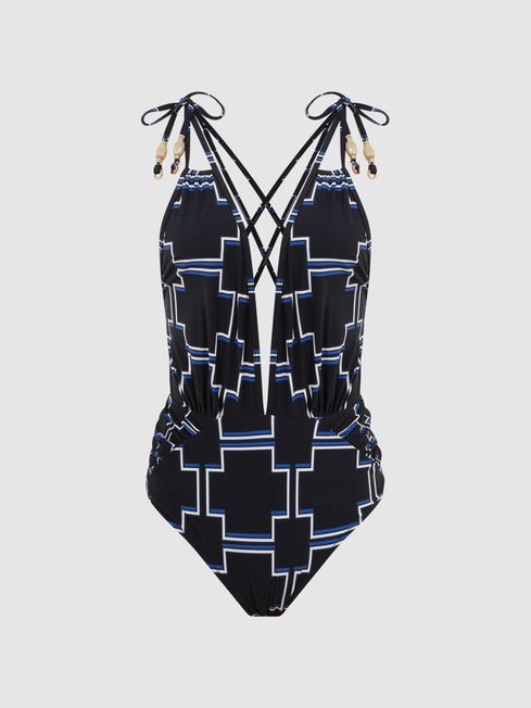 Reiss Black/White Amelie Printed Plunge Swimsuit