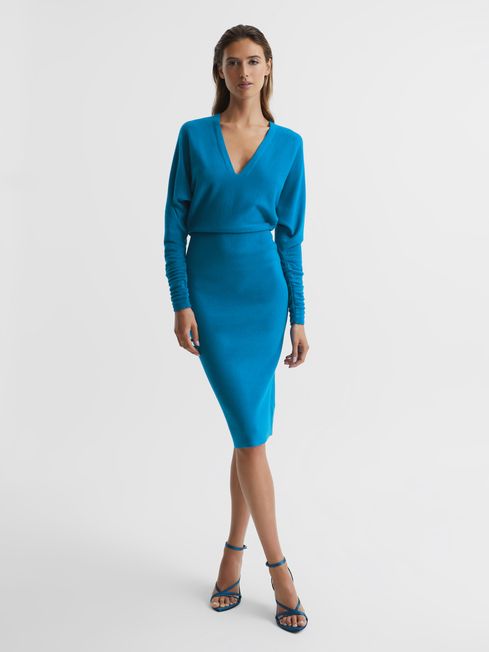 Reiss Blue Jenna Regular Cashmere Blend Ruched Sleeve Dress