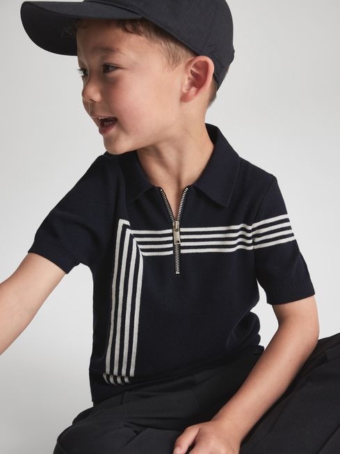 Reiss Navy Sergant Junior Half Zip Stripe Detail Polo T-Shirt