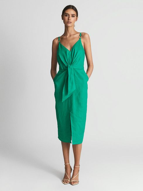 Reiss Bright Green Kay Tie Detail Linen Midi Dress