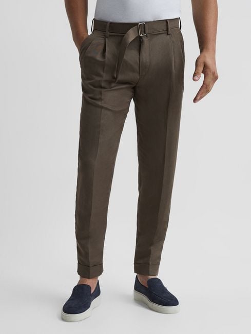 Reiss Mocha Crease Linen Belted Tapered Trousers