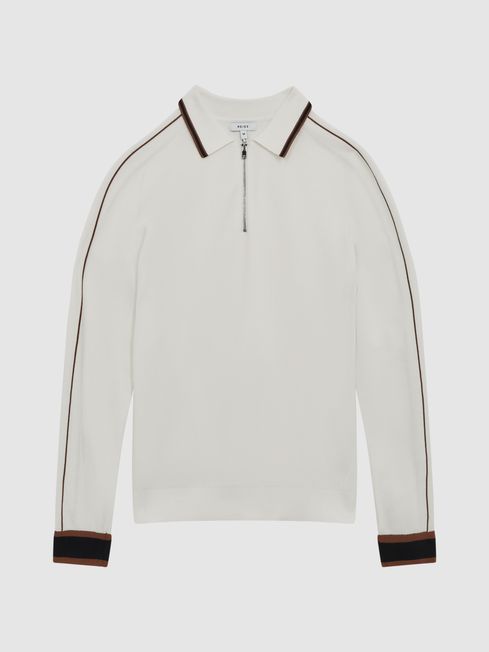 Reiss White Dudley Half Zip Tipped Polo