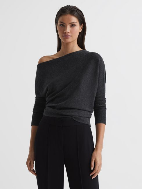 Reiss Charcoal Petrice Cashmere Slash Neck Knitted Jumper