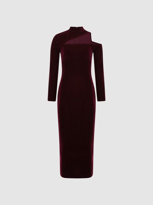 Reiss Burgundy Tatiana Regular Velvet Cut-Out Shoulder Dress