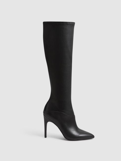 Reiss Black Carina Knee High Leather Boots | REISS USA