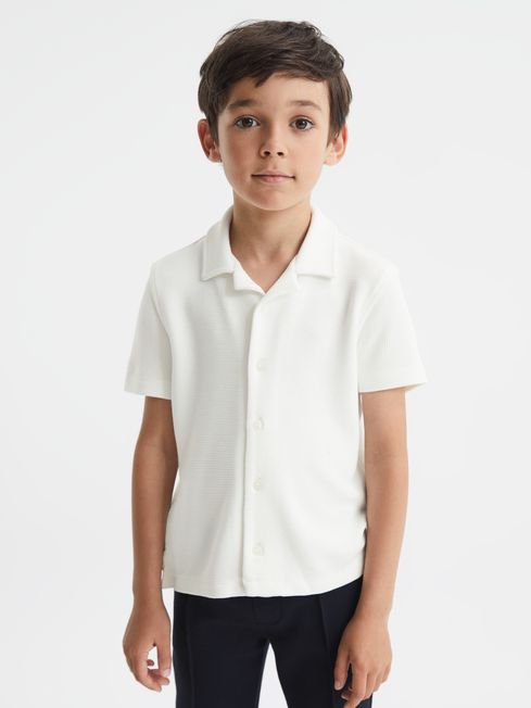 Reiss White Westley Junior Cuban Collar Ribbed Shirt