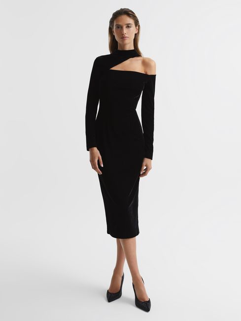 Reiss Black Tatiana Petite Velvet Cut-Out Shoulder Dress
