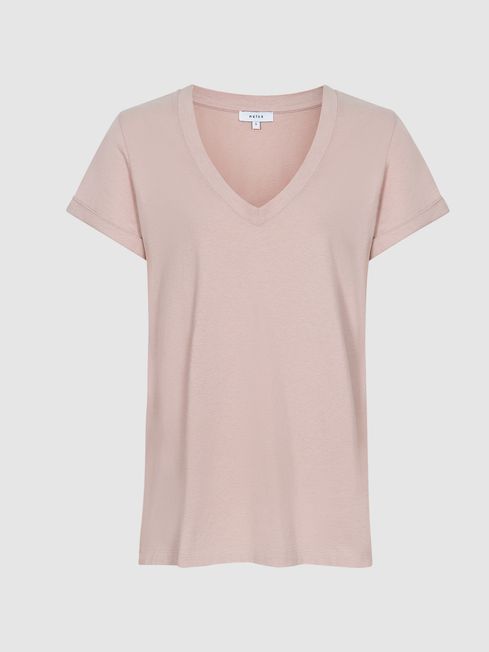Reiss Light Pink Luana Cotton Jersey V-Neck T-Shirt